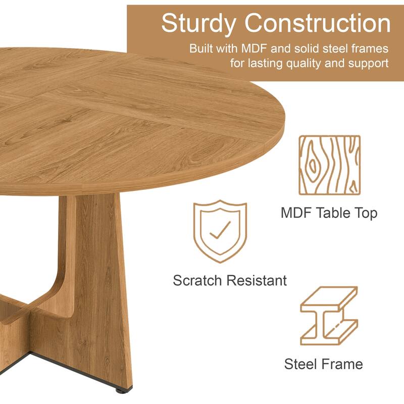 Round Dining Table for 4, 47 Inch Farmhouse Kitchen Table, MDF Circle Table with Oak Finish, Easy Assembly - Ancient Oak
