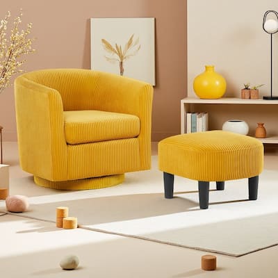 Corduroy 360° Swivel Recliner Chair Sets with Ottoman and Rubberwood Frame