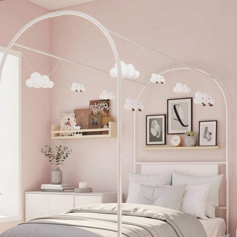Twin Canopy Bed Frame, with Upholstered Headboard
