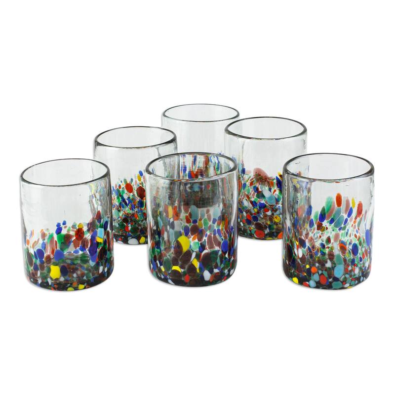 NOVICA Artisan Handblown Juice Glasses Recycled Multicolored Mexican Tableware Drinkware 'Tonala Flowers' (Set of 6)