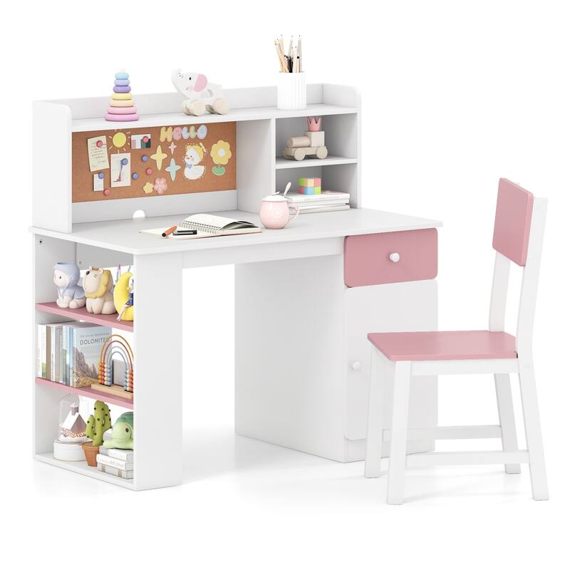 Gymax Kids Desk & Chair Set w/Chair Hutch 3-Layer Side Shelf Storage - Pink