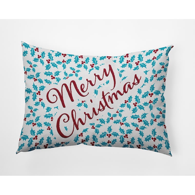 Merry Christmas with Holly Accent Pillow - 14" x 20" - Turquoise
