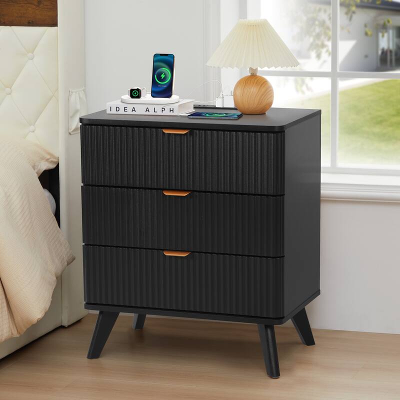 23.62in.W End Table 3-Drawer Nightstand with Charging Station - Black