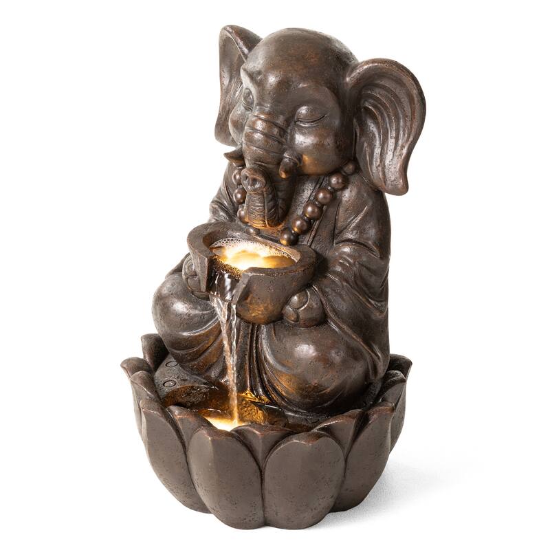 Glitzhome 21.75"H 2-Tiered Lighted Zen Style Frog Elephant Hippo Polyresin Outdoor Fountains