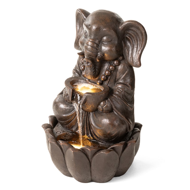 Glitzhome Polyresin Meditating Buddha Frog/Elephant Statue Outdoor Water Fountain with LED Lights