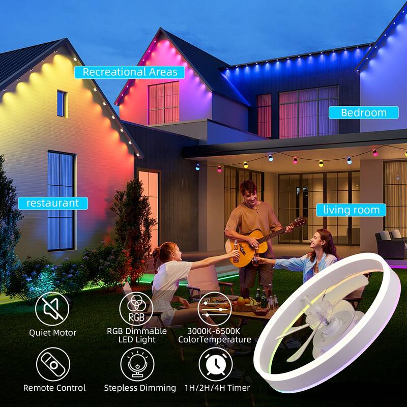 15"/19''/20"/42" RGB Color Dimmable LED Ceiling Fan with APP & Remote Control 6 Wind Speed, with Bluetooth Speaker Optional