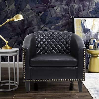 Black 29.1" Upholstered Barrel Chair with Nailheads and Solid Wood Legs