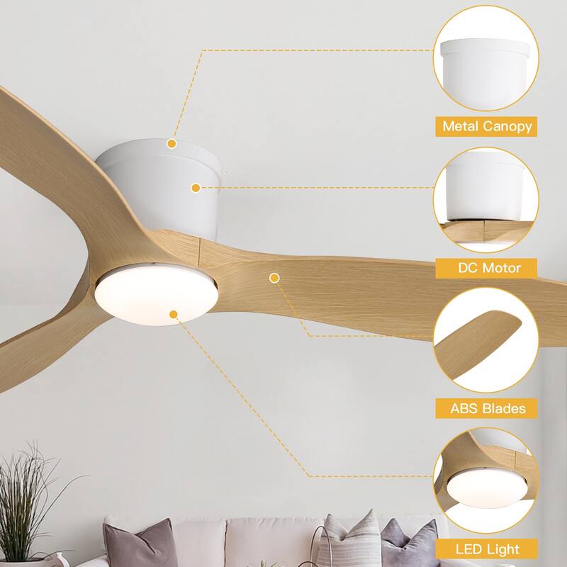 Sofucor 52 Inch Low Profile Flush Mount Ceiling Fan With Light and Remote,3-ABS Blades Smart Optional,Reversible DC Motor