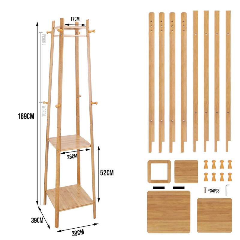 Solid Wood 8 Hook Freestanding Coat Rack Storage - 67"h x 16"l x 16"l