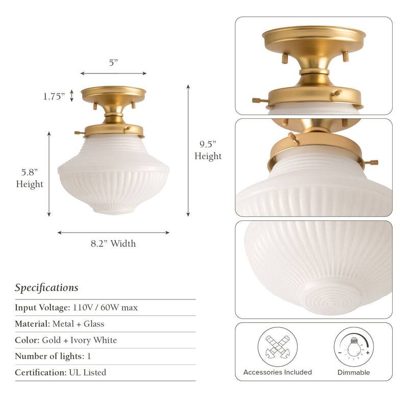 Everly Semi-Flush Mount - Metal, Glass Gold, Ivory White 1-Light Ceiling Light for Kitchen or Hallway in Modern, Farmhouse Style