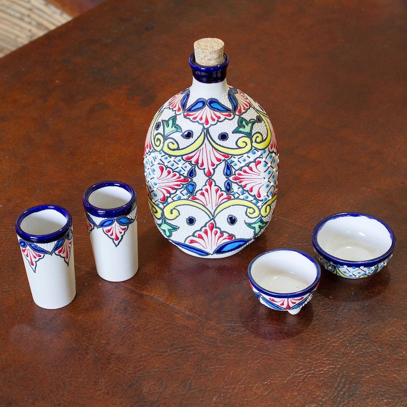 NOVICA Artisan Handblown Ceramic Tequila Set Mexican Multicolor Drinkware Shot Glasses 'Talavera Beverage'(Set of 5)
