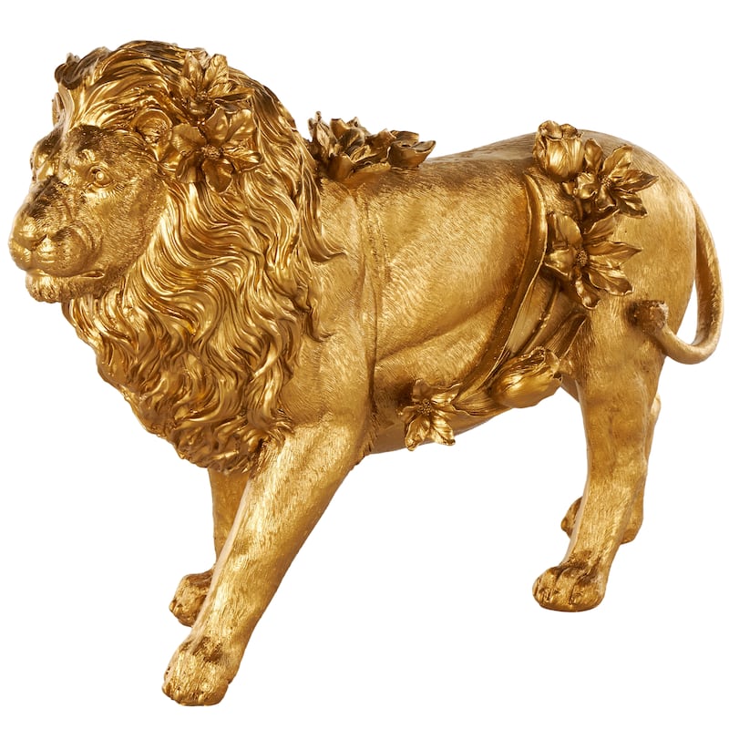 Gold Resin Walking Lion Decorative Sculpture with Floral Accents - 6"W x 18"L x 13"H