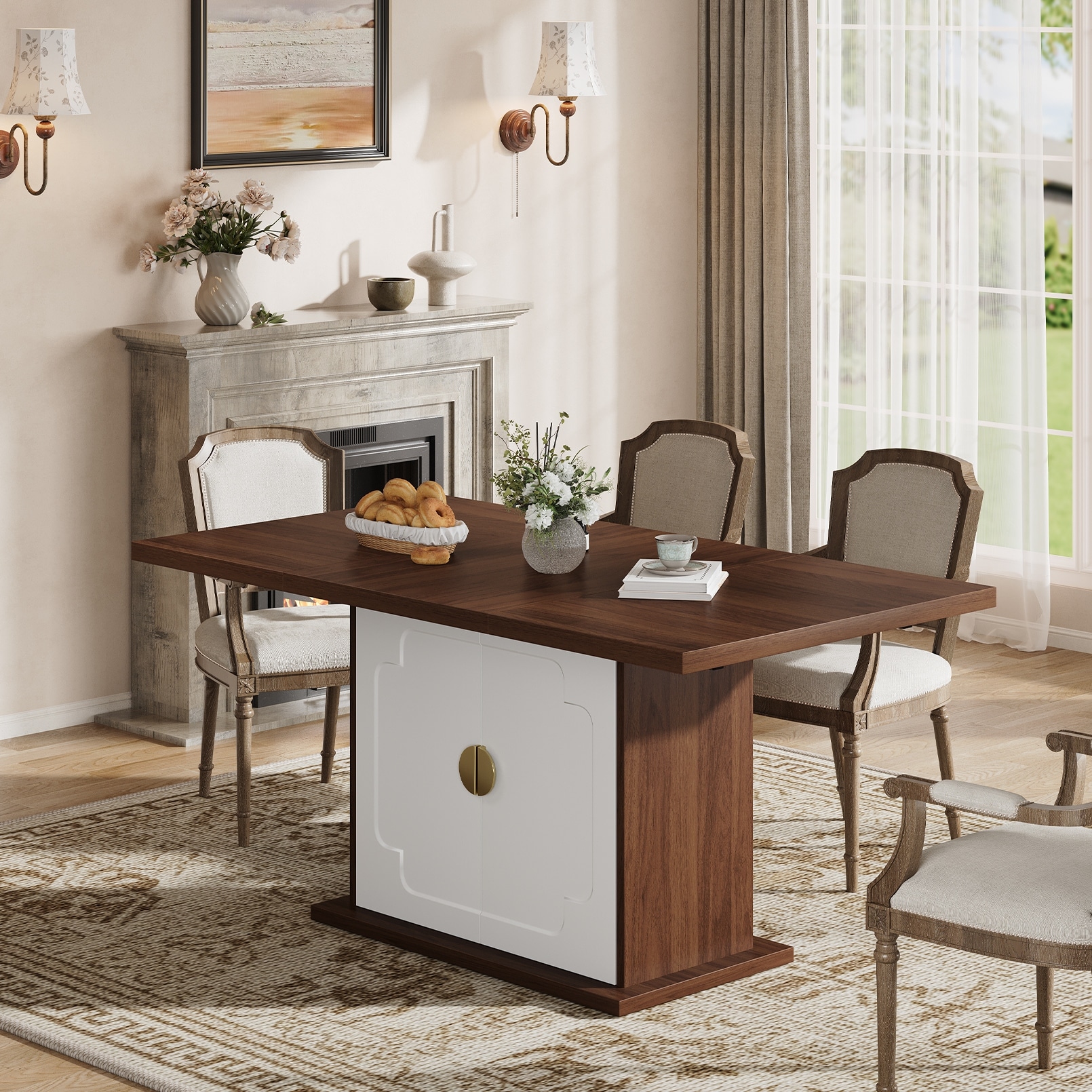 63" Dining Table For 4-6, Rectangular Kitchen Table With Pedestal Base & Storage Shelves, 63 X 35.4 X 30 In (Table Only)