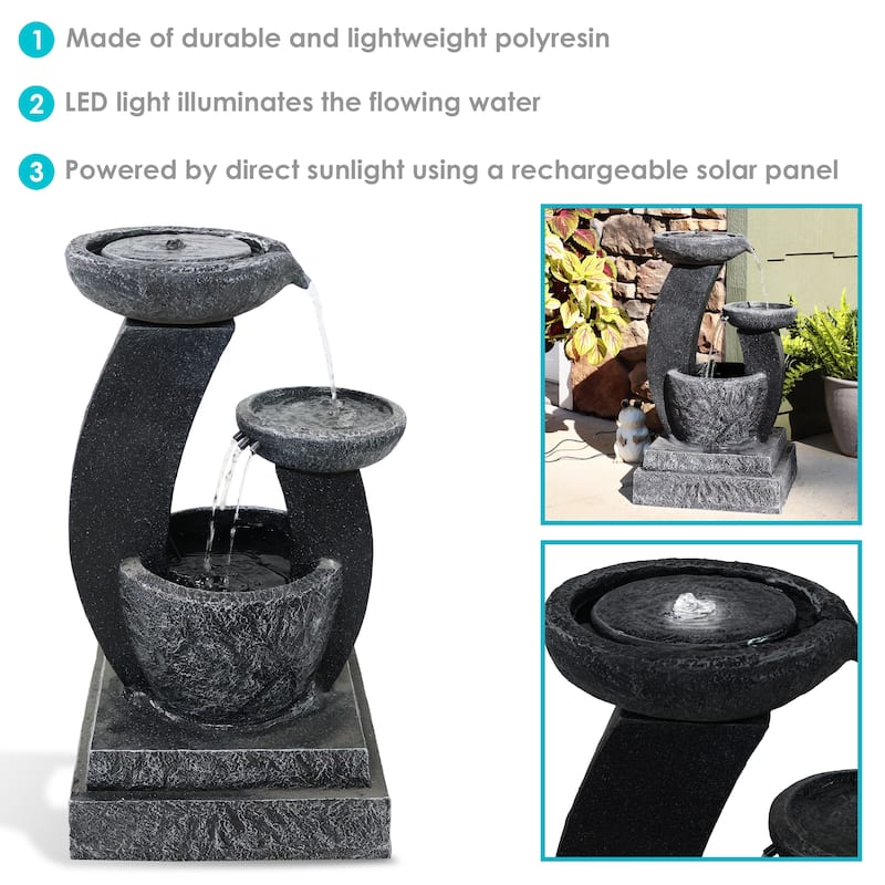 28" Modern Cascading Bowls Solar Water Fountain with Battery & LED