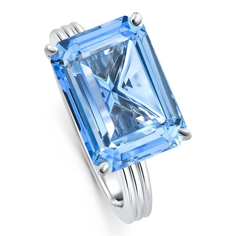 Bliss Diamond 14x10mm Emerald Cut East to West Blue Topaz Solitaire Ring White Gold