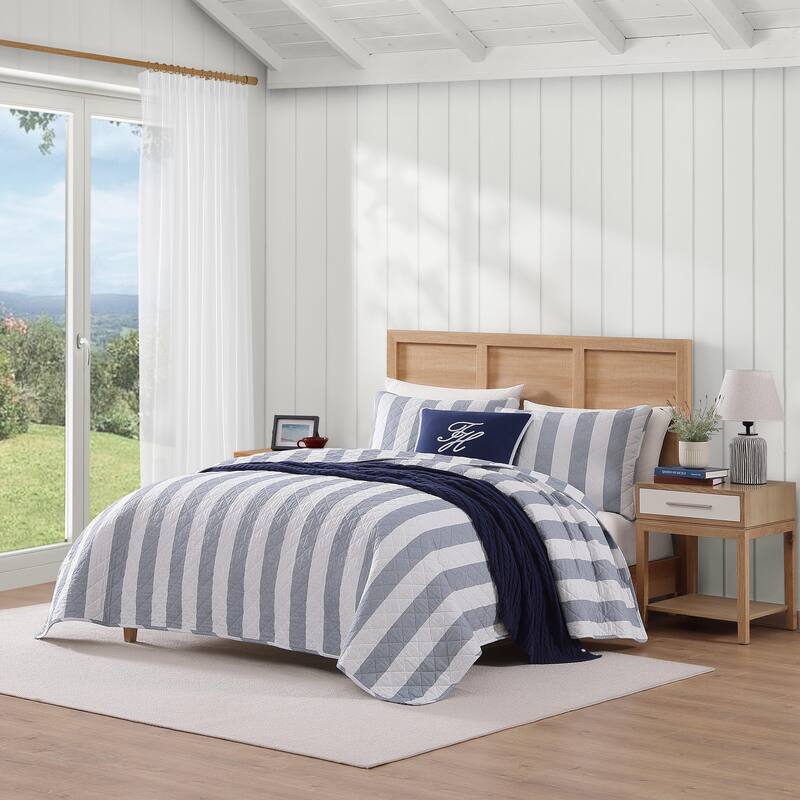 Tommy Hilfiger Capri Stripe Blue Cotton Reversible Quilt Set