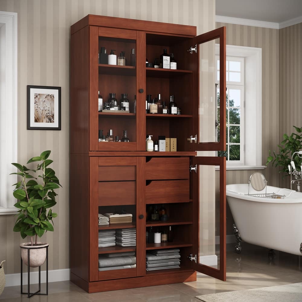 Palace Imports 100% Solid Wood Bathroom Storage Cabinet, Clear Glass Doors, 2 Drawers, Adjustable Shelves, 32" Wide, 71.5" Tall