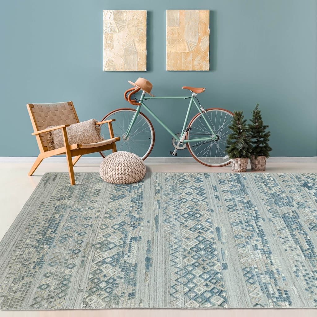 Hand Knotted Textured Gray,Blue Tibetan Wool Modern Oriental Area Rug - 6' x 8' 11''