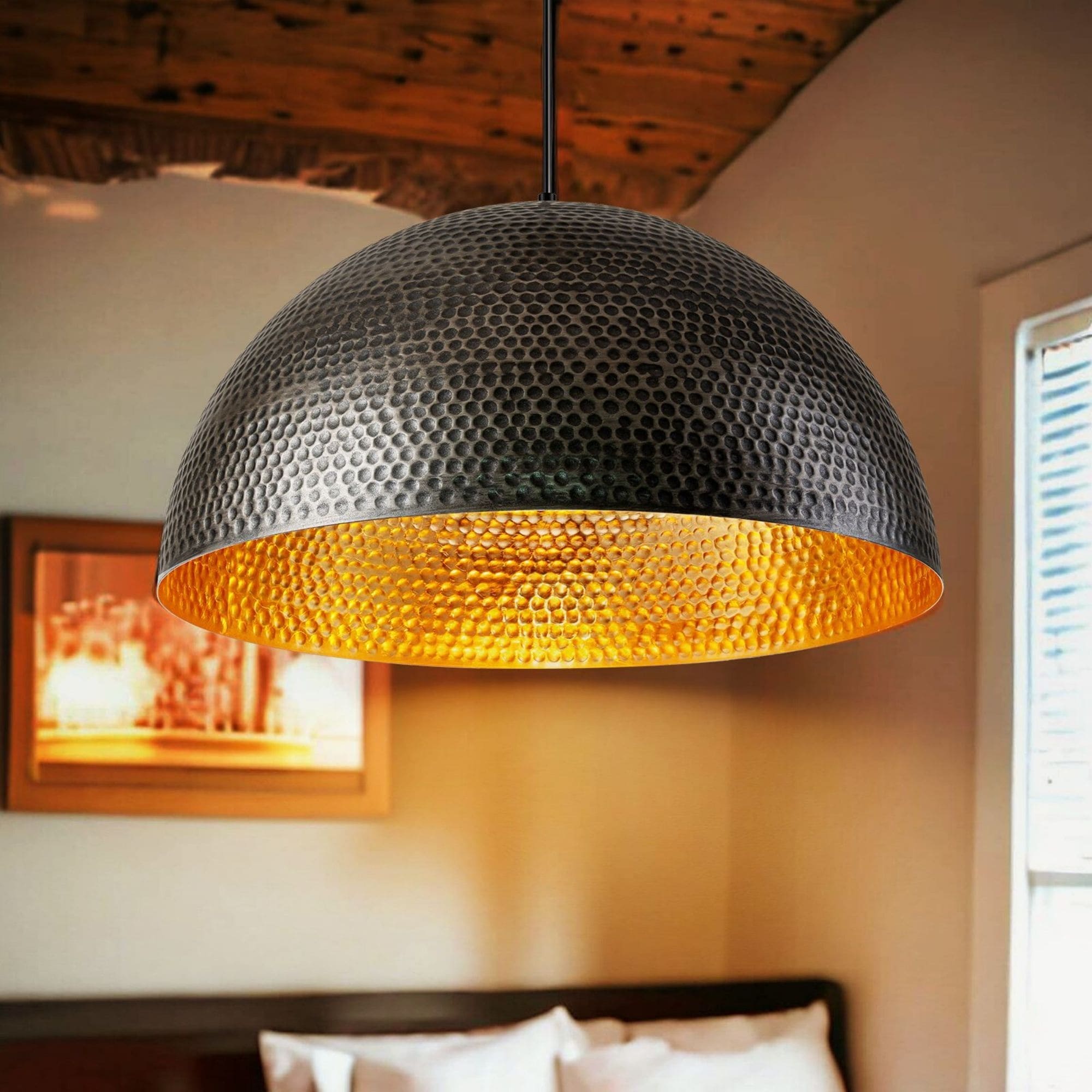 1-Light Industrial Farmhouse Oversized Pendant Gold Leaf Hammered Semi-Sphere Dome Pendant Light for Kitchen Island