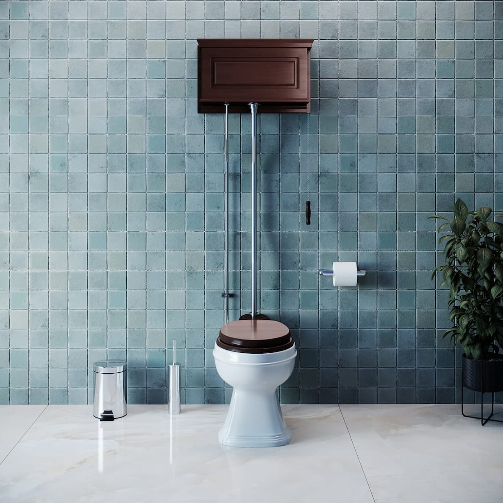 High Tank Toilet - Dark Oak Wooden Raised Tank, Round White Bowl and Satin Plated Z Pipes Renovators Supply