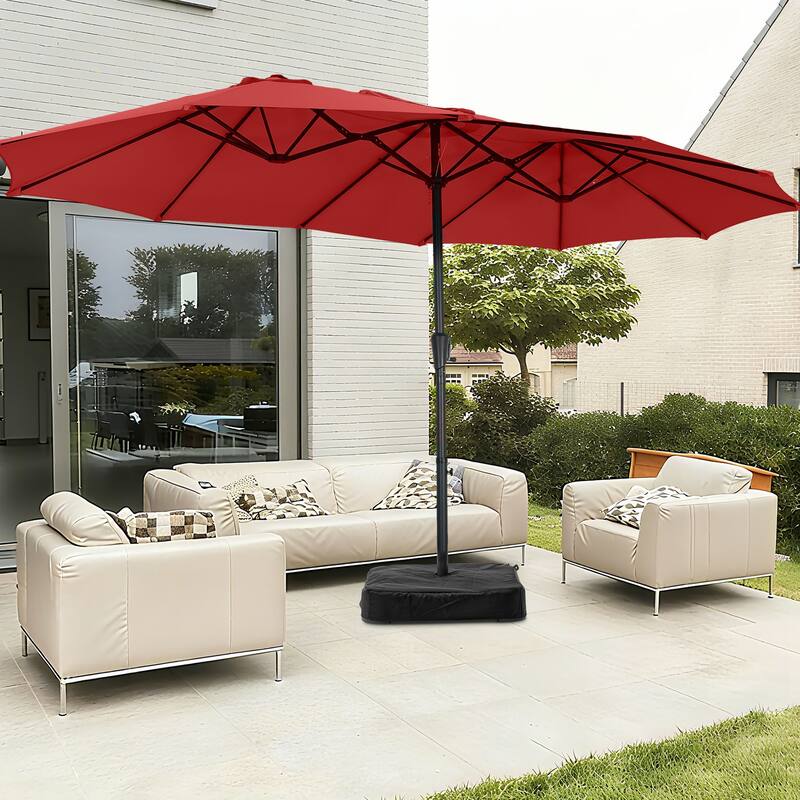 Ainfox 10ft Solar Patio Umbrella 40 LED Lighted and Umbrella Base, Strip Lights Outdoor Market Table Umbrella - Red
