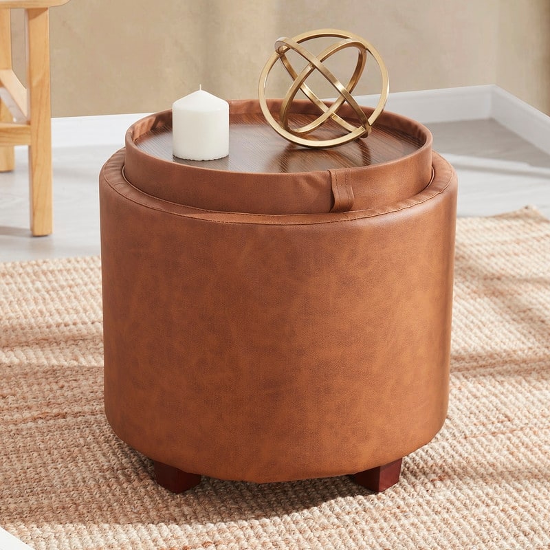Ornavo Home Lawrence Round Storage Ottoman with Lift Off Lid and Tray Lid Coffee Table