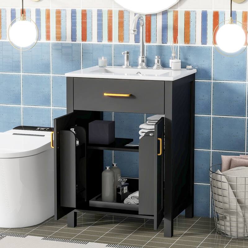 Small Bathroom Vanity with Ceramic Sink, Bathroom Cabinet with 2 Soft Close Doors & Drawers, Freestanding Storage Cabinet