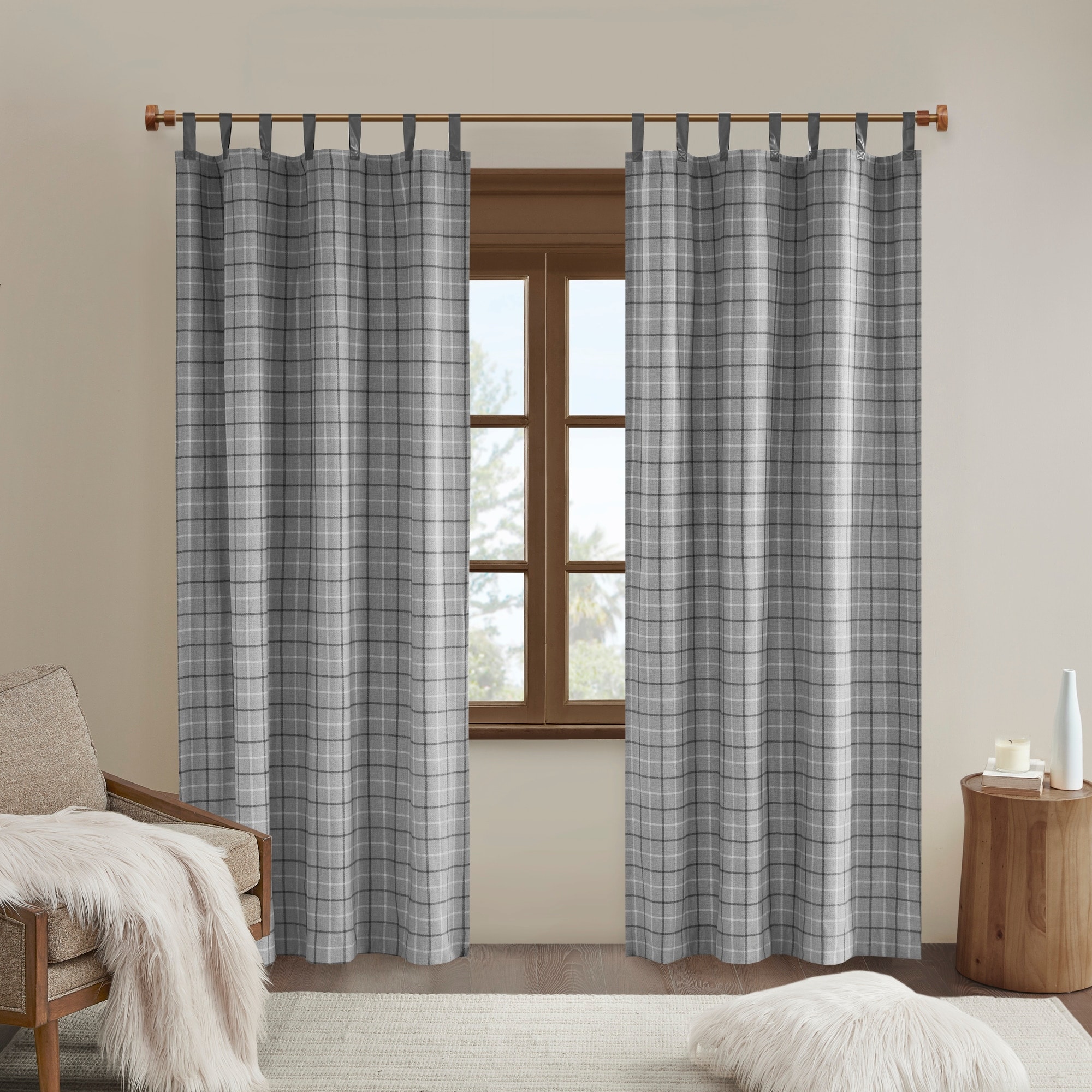 Madison Park Anaheim Plaid Faux Leather Tab Top Single Curtain Panel with Fleece Lining