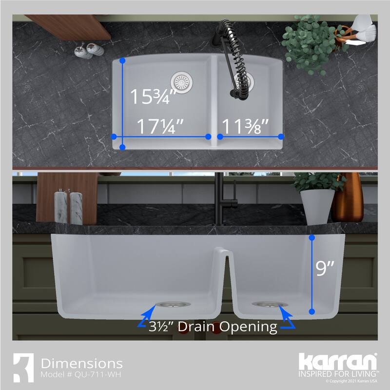 Karran Undermount Quartz 32 in. 60/40 Double Bowl Kitchen Sink Kit