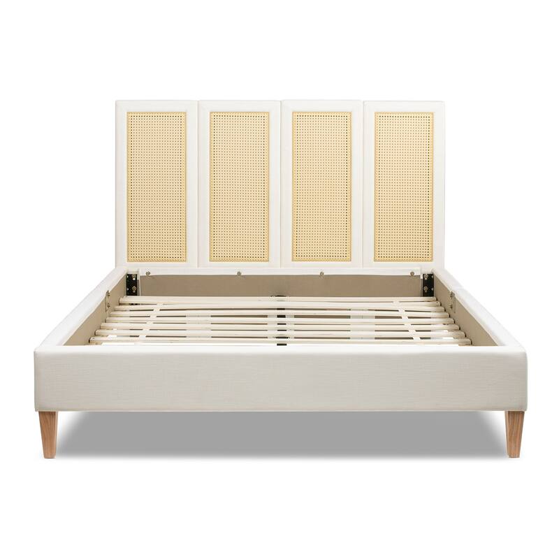 Jennifer Taylor Home Toscana Upholstered Cane Back Platform Bed, Antique White Polyester