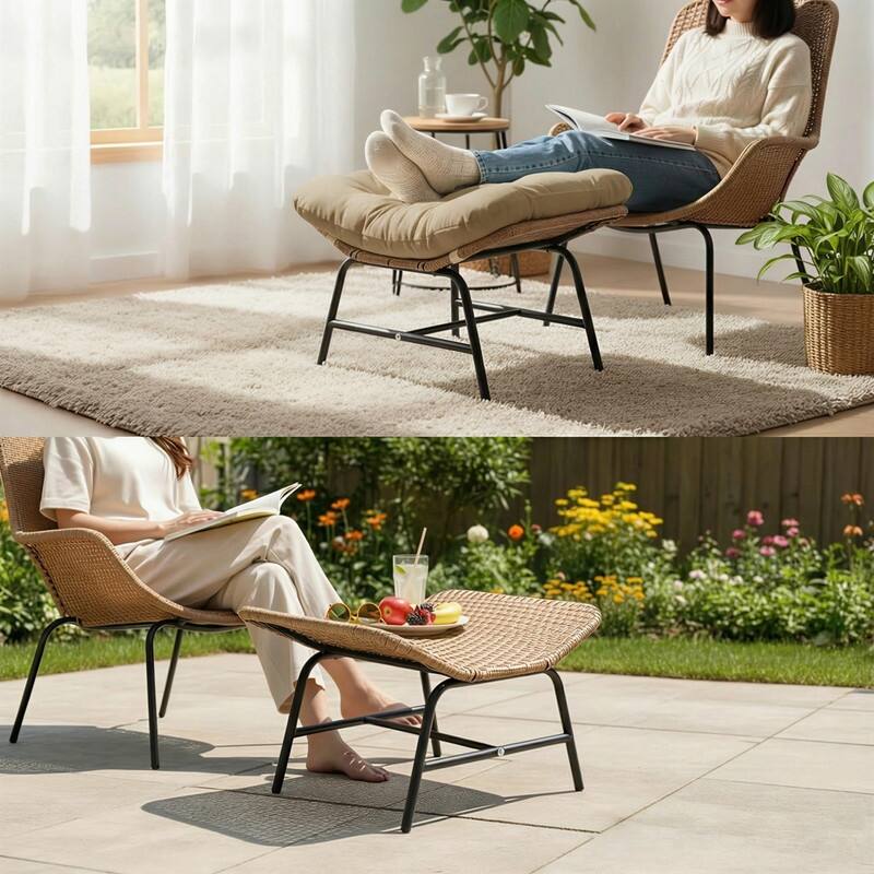 2-Piece Outdoor Wicker Ottomans with Cushions, Weather-Resistant Boho Patio Rattan Footrests for Garden, Porch, and Balcony