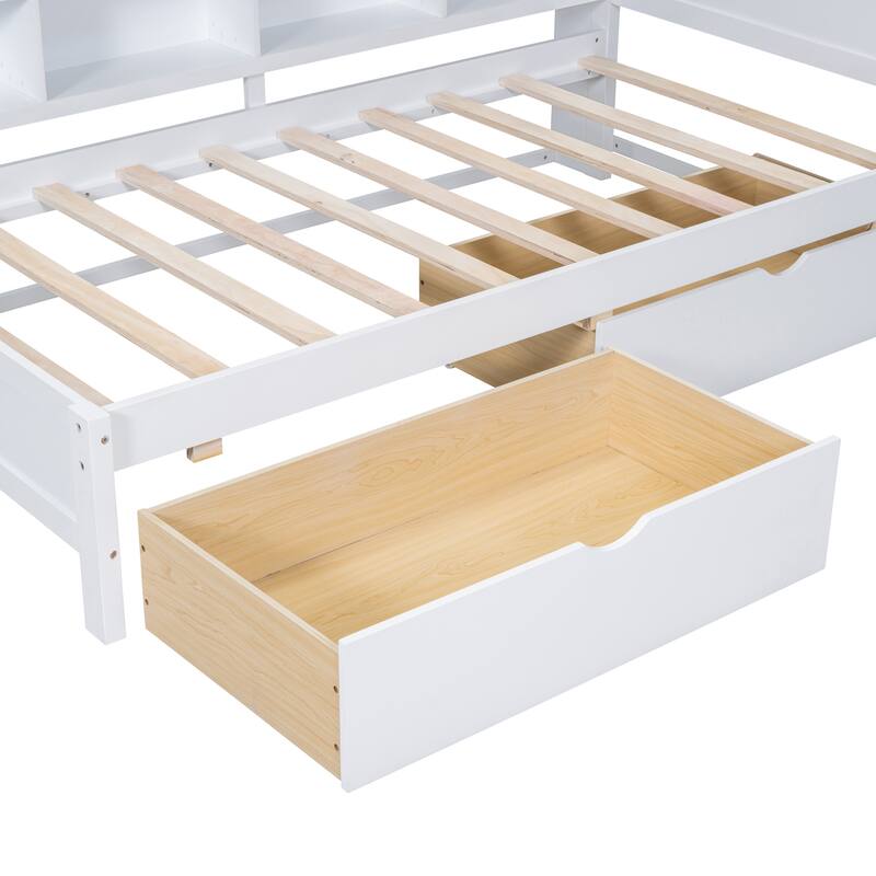 Wooden Daybed with 2 Drawers, Storage Shelf and USB Charging Ports for Bedroom