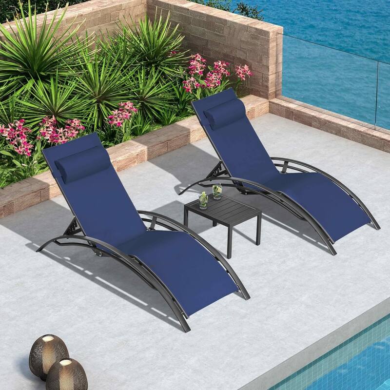 PURPLE LEAF Patio Chaise Lounge Set Outdoor Beach Pool Sunbathing Lawn Lounger Recliner Chair Side Table Included - Navy Blue