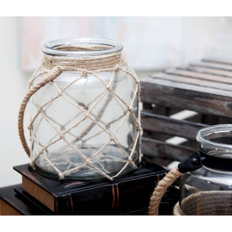 Glass Handmade Decorative Candle Lantern with Hanging Rope - Brown - Roche River Decor - 7"W x 7"L x 8"H