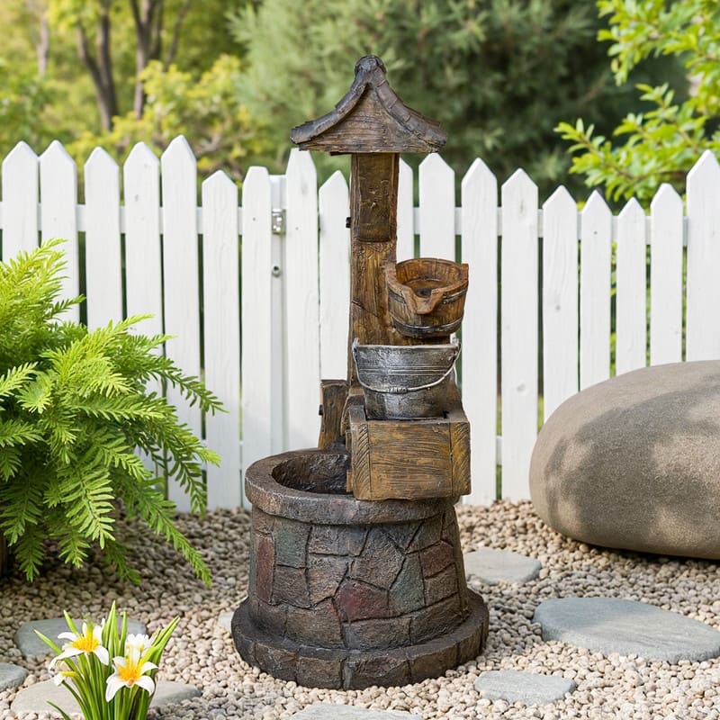 Vbal Rustic Well Pump & Bucket Water Fountain with LED Lights