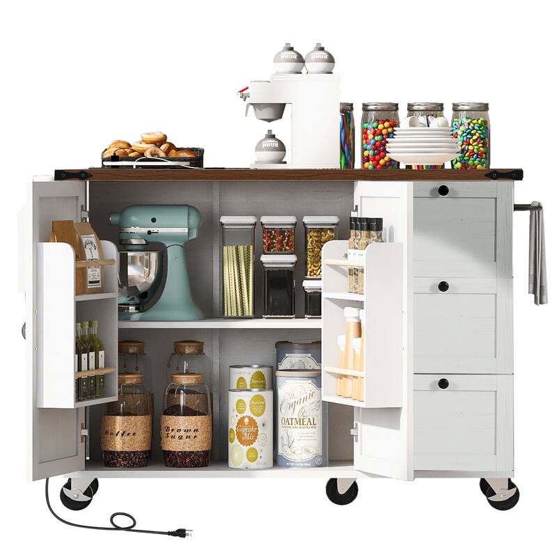 Rolling Kitchen Island with Folding Drop Leaf, Wooden Storage Cabinet with Power Outlet, Internal Storage Rack and Spice Rack
