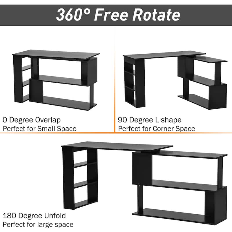 HomCom Modern L Shaped Rotating Computer Desk with Bookshelves