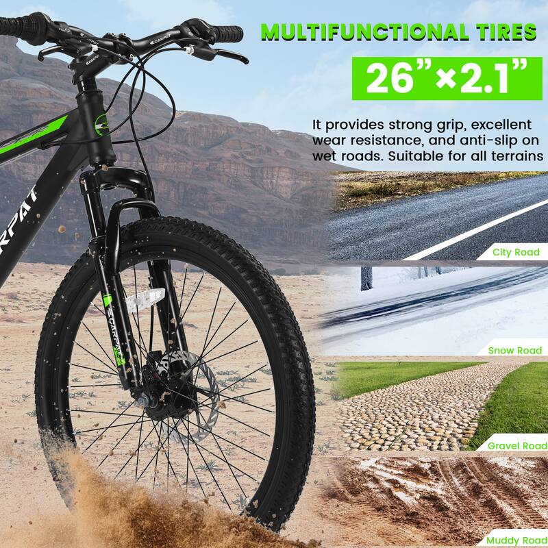 Unisex Mountain Bike - High-Carbon Steel Frame, Suspension, Mechanical Disc Brakes, Shimano Gears - 26