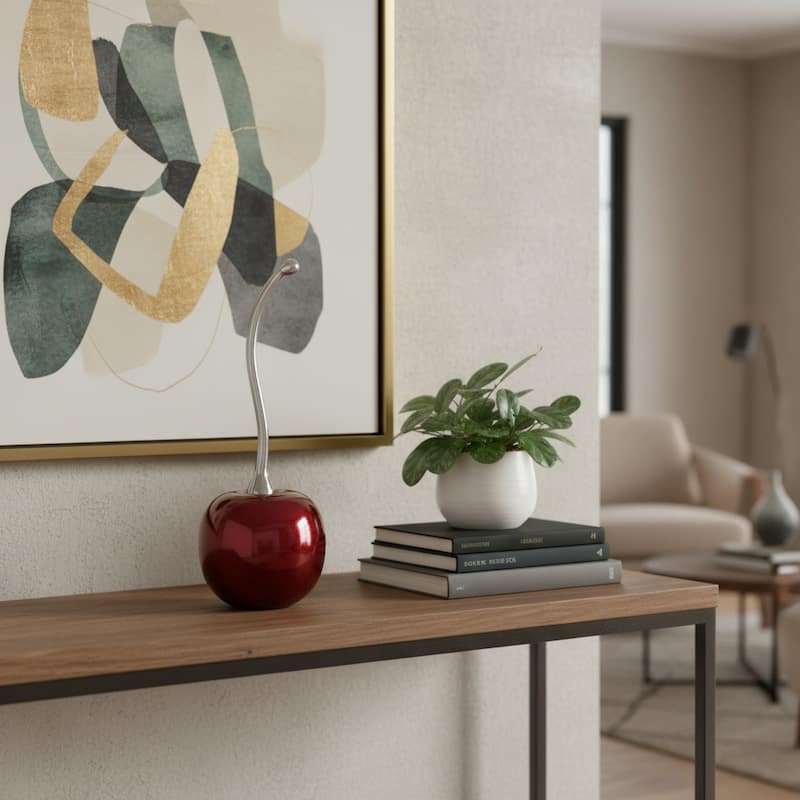 HomeRoots 14" Red And Silver Aluminum Cherry Tabletop Sculpture - 5.25 in. x 14.00 in. x 5.25 in. - Silver/Red - 5.25 in. x 14.00 in.  x 5.25 in.