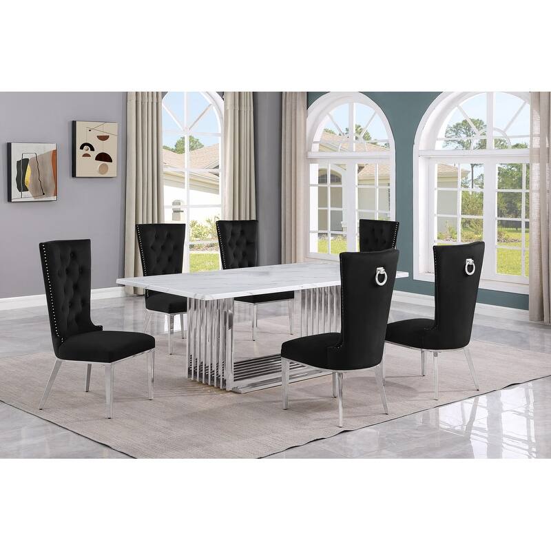 Best Quality Furniture D312/3-SC330-7 Dining Set with 79" White Marble Top - 7-Piece - Black / Silver