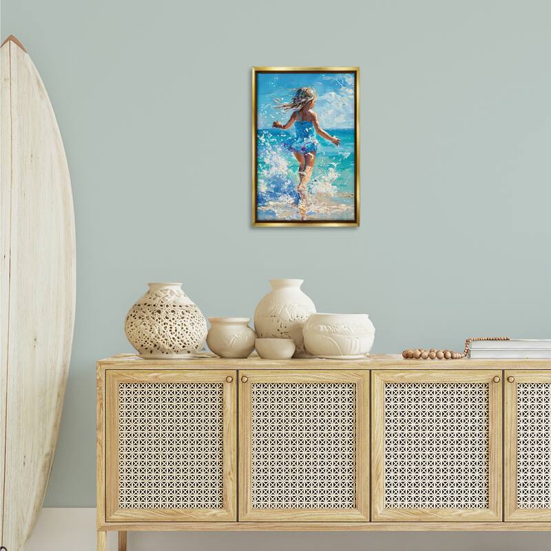 Stupell Girl Splashing on Shore Framed Floater Canvas Wall Art Design By LSR Design Studio