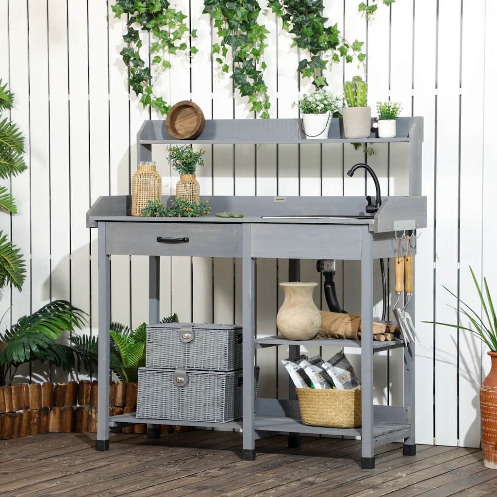 Outsunny Potting Bench Table, Includes Removable Outdoor Sink Station with Hose Hook Up, Wooden Work Station