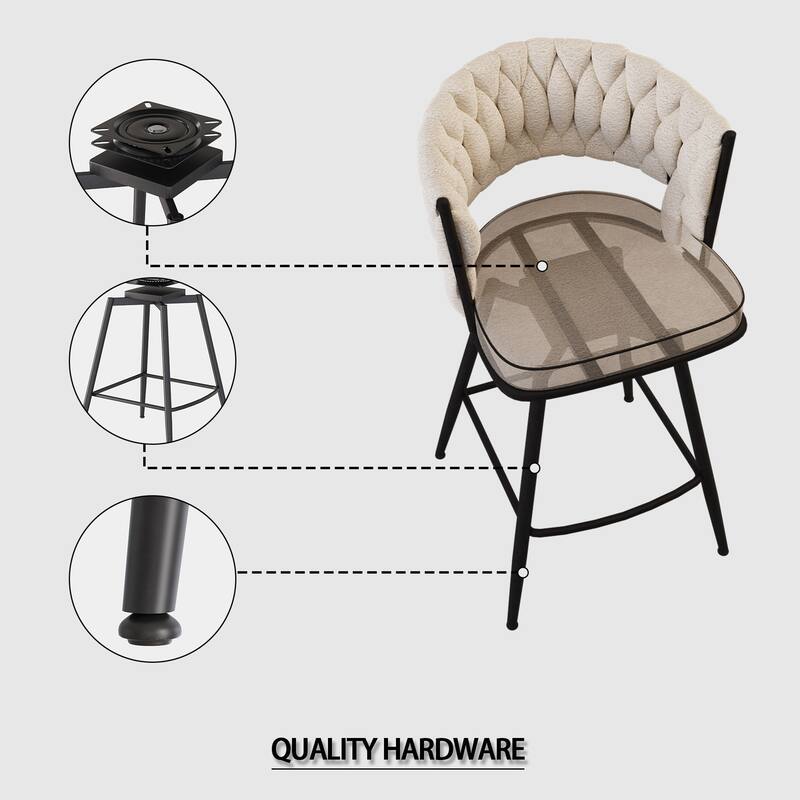 360 Swivel Suede Woven Bar Chair Set of 4, Upholstered Barstools with Metal Base