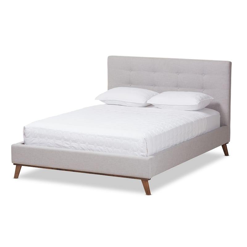 Queen Size Platform Bed - Modern Fabric Bed Frame with Wood Legs - Greyish Beige Bedroom Furniture