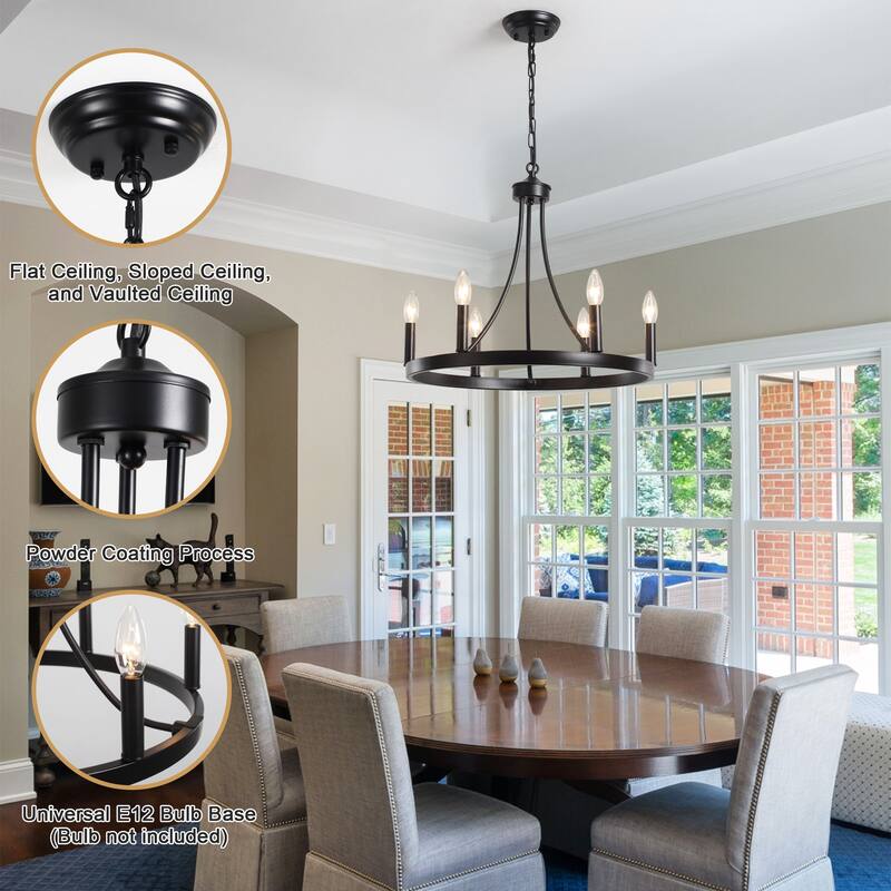 6-Light Farmhouse Candlestick Circle Hanging Wagon Wheel Chandelier Lighting for Kitchen Island