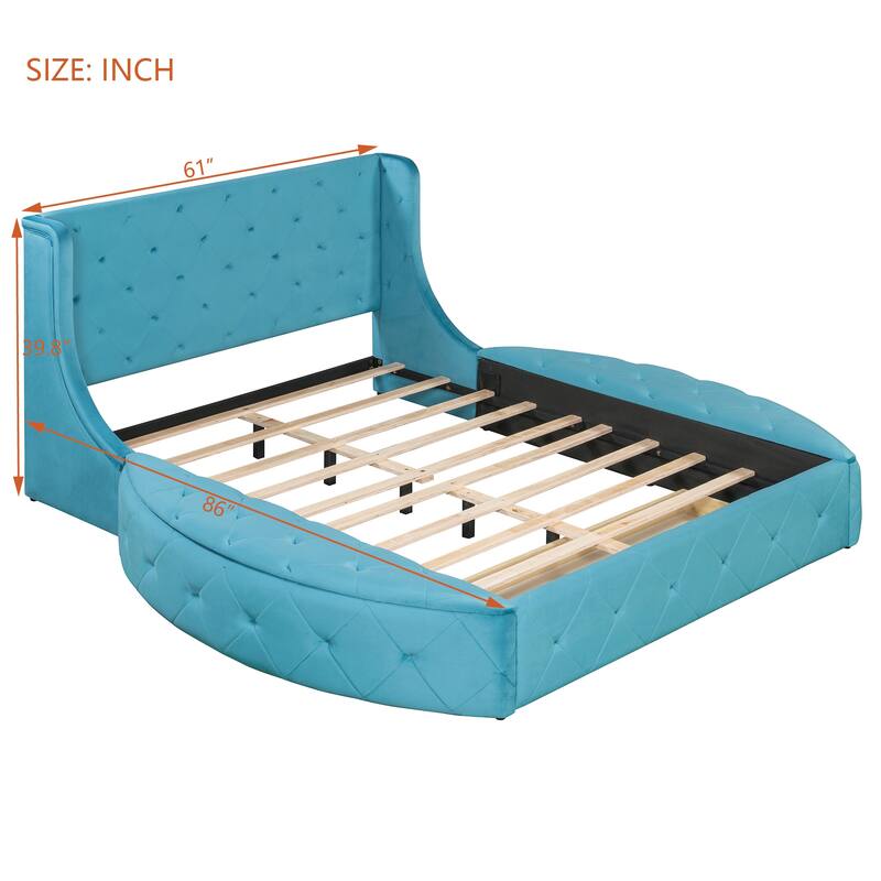 Queen Size Velvet Platform Bed with Wingback Headboard, Storage Drawer, and Side Stools