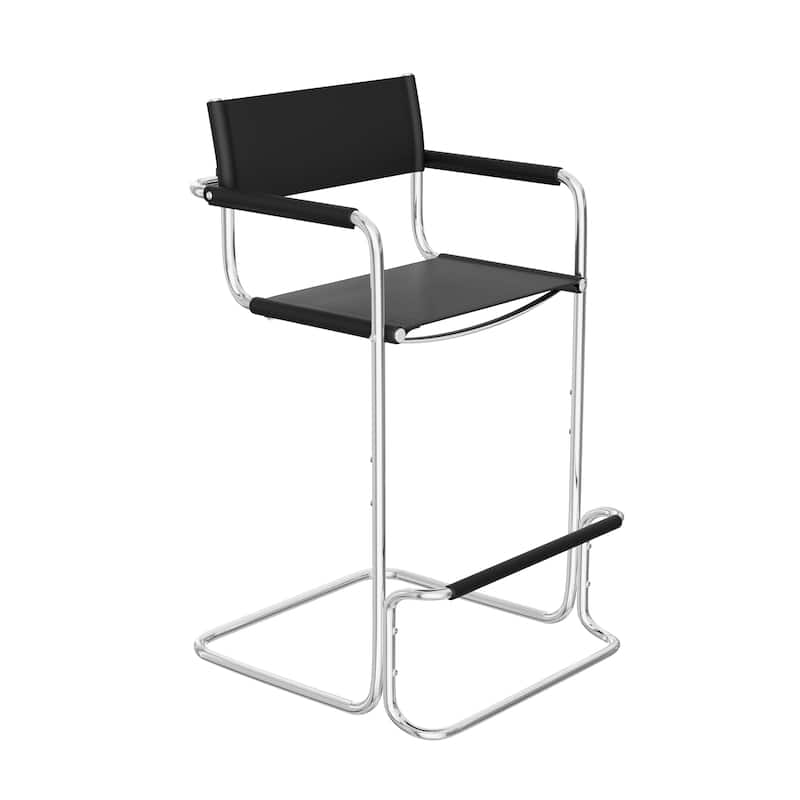 HomeRoots 30" Black and Silver Leather and Steel Bar Height Bar Chair