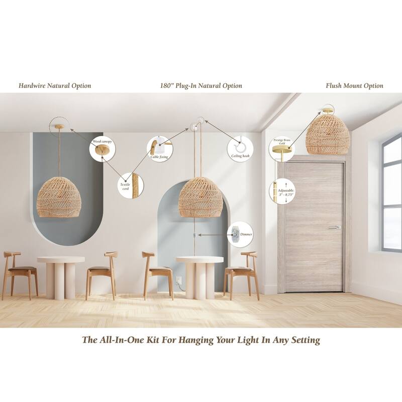 Santana Rattan Pendant Light - Natural Dome 1-Light Handwoven Light Fixture For Modern, Contemporary, Farmhouse Room Decor