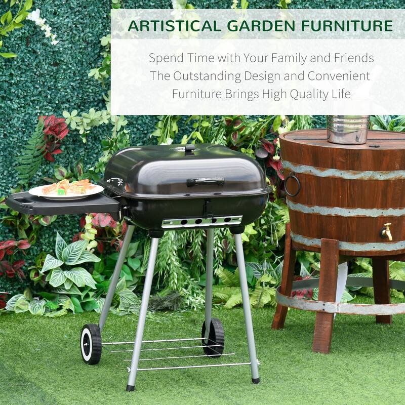 21" Portable Charcoal Grill with Wheels and Bottom Shelf, BBQ Smoker with Adjustable Vents on Lid