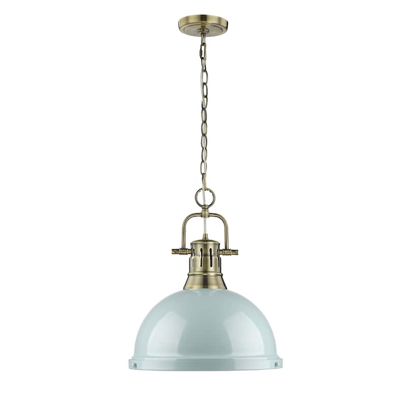 Yep by Golden Lighting Duncan 1-light 14in Chain Hung Pendant in Aged Brass and Seafoam shade